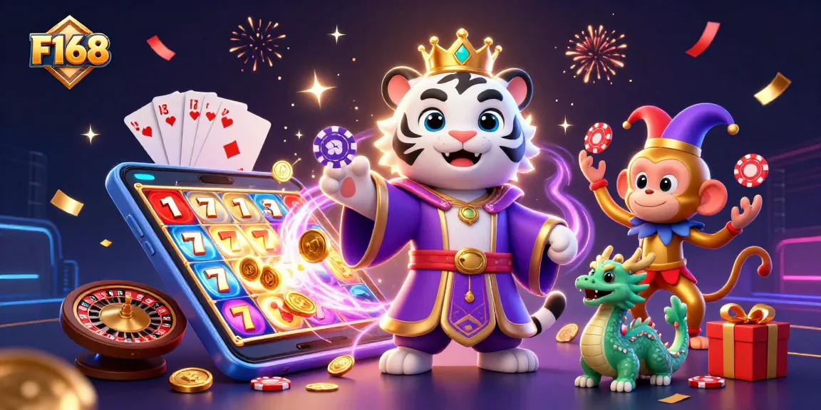 F168 showcases an engaging casino scene featuring a white tiger and golden monkey amidst vibrant game elements.