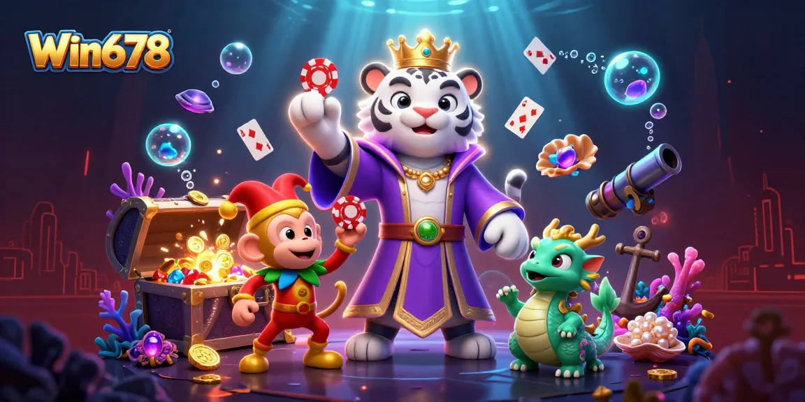 Experience thrilling gaming with Win678 featuring 3D characters, vibrant casino elements, and excitement.