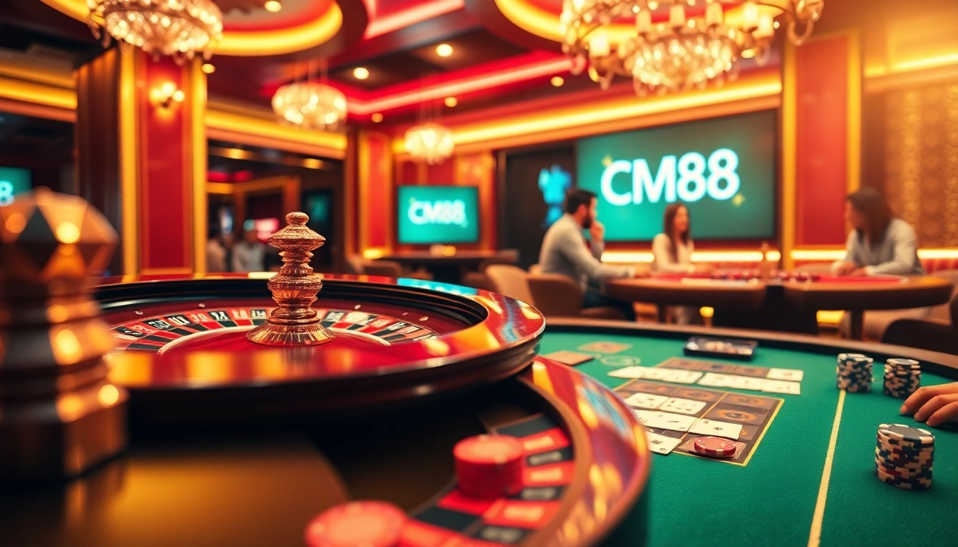 Experience high-stakes gaming with CM88 at an elegant casino table featuring cards and poker chips.