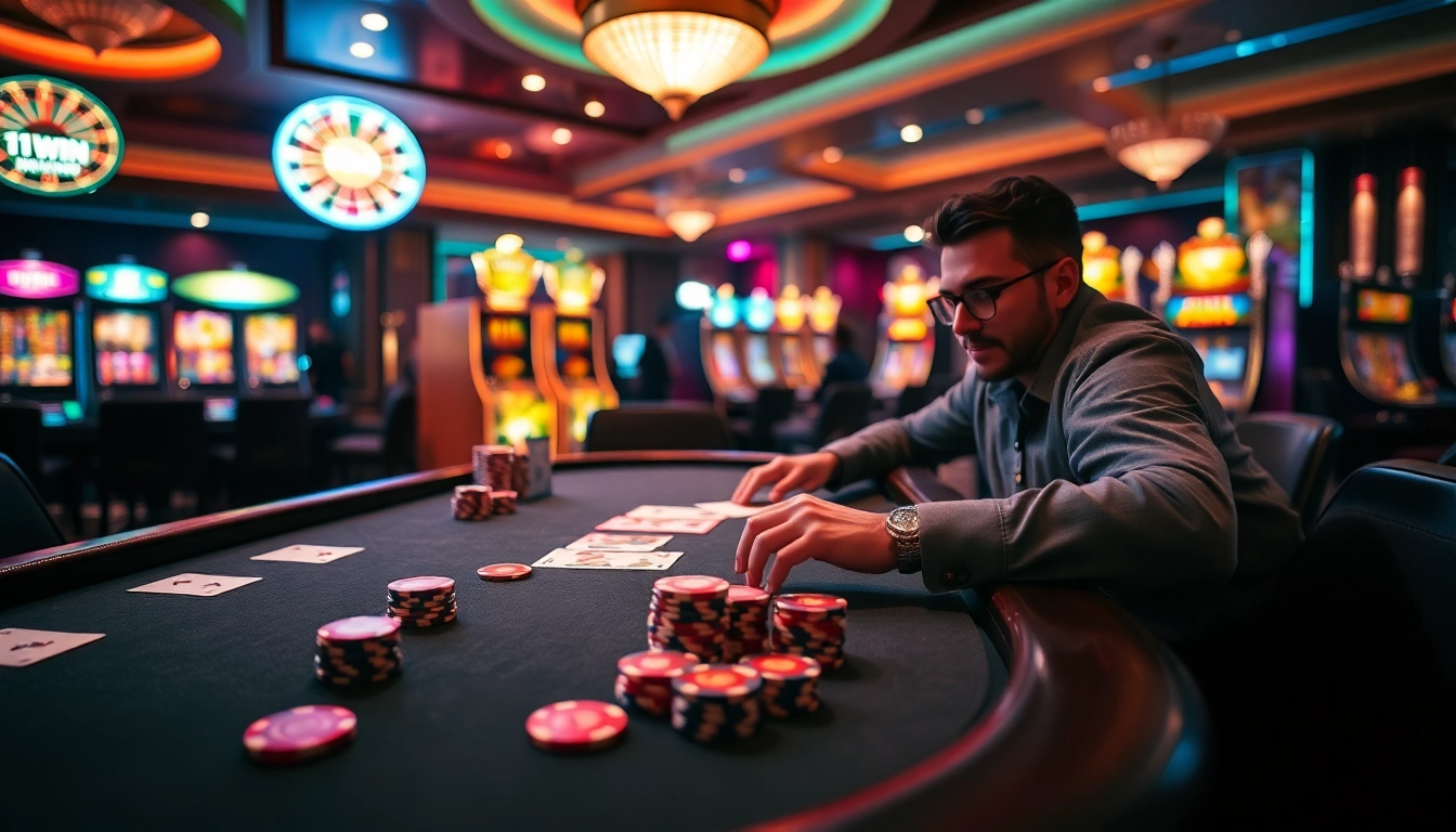 11WIN casino gaming experience with poker table, chips, and exciting atmosphere.