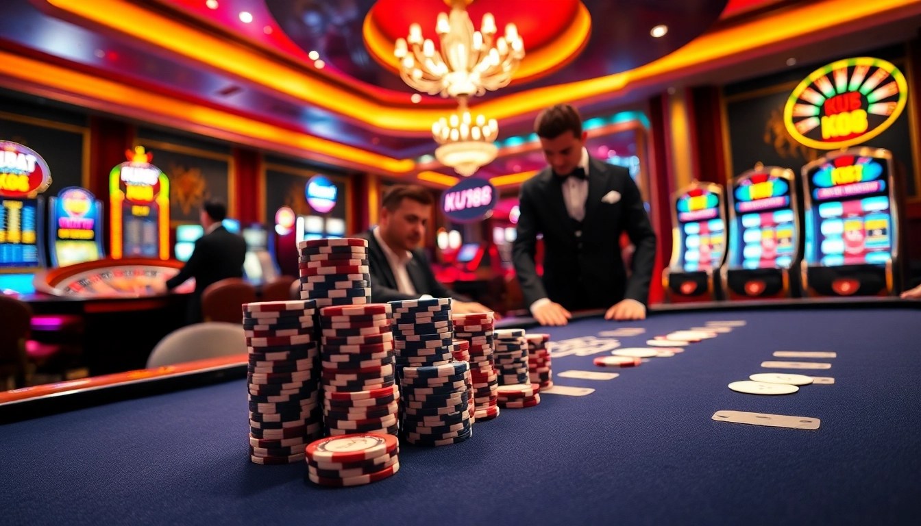 Exciting gaming at KU88 Casino with poker table, chips, and roulette.