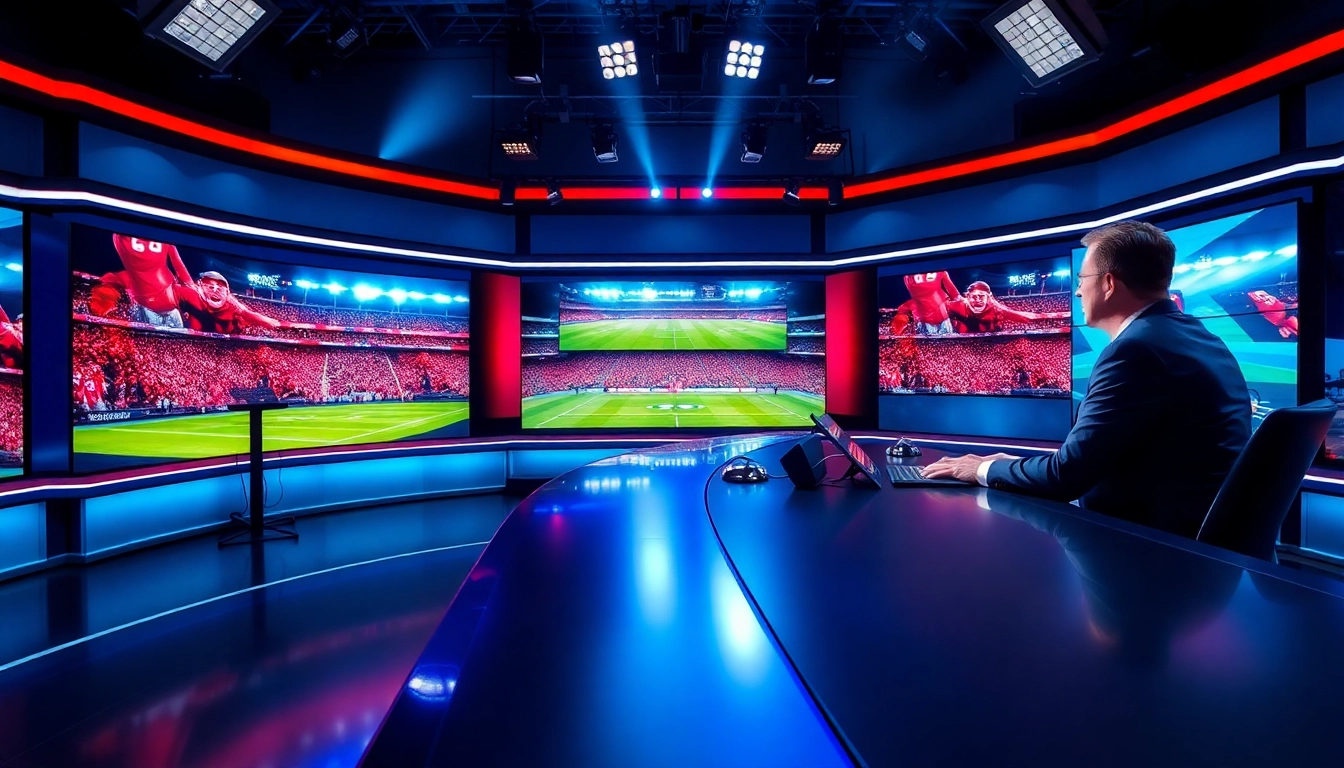 Engaging sports broadcasting in a modern studio with vibrant colors and dynamic lighting.